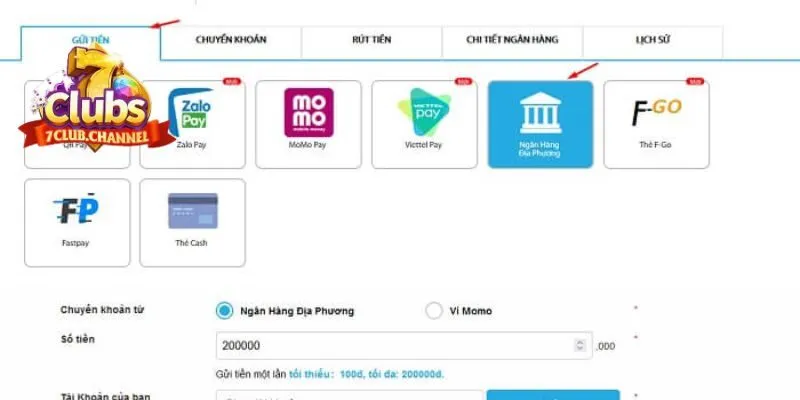 Thủ tục nạp rút tiền siêu nhanh chóng tại 7CLUB